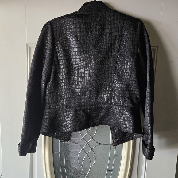 Worthington Croc Embossed Moto Jacket Medium Black Faux Leather Biker Chic - Picture 9 of 10